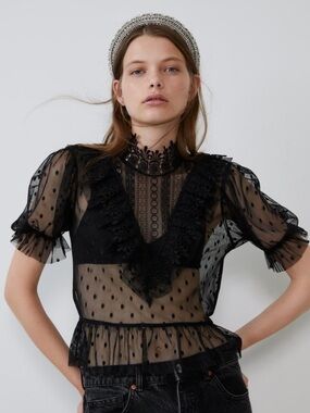Zara Black Sheer Polka-Dot Lace Ruffle Blouse